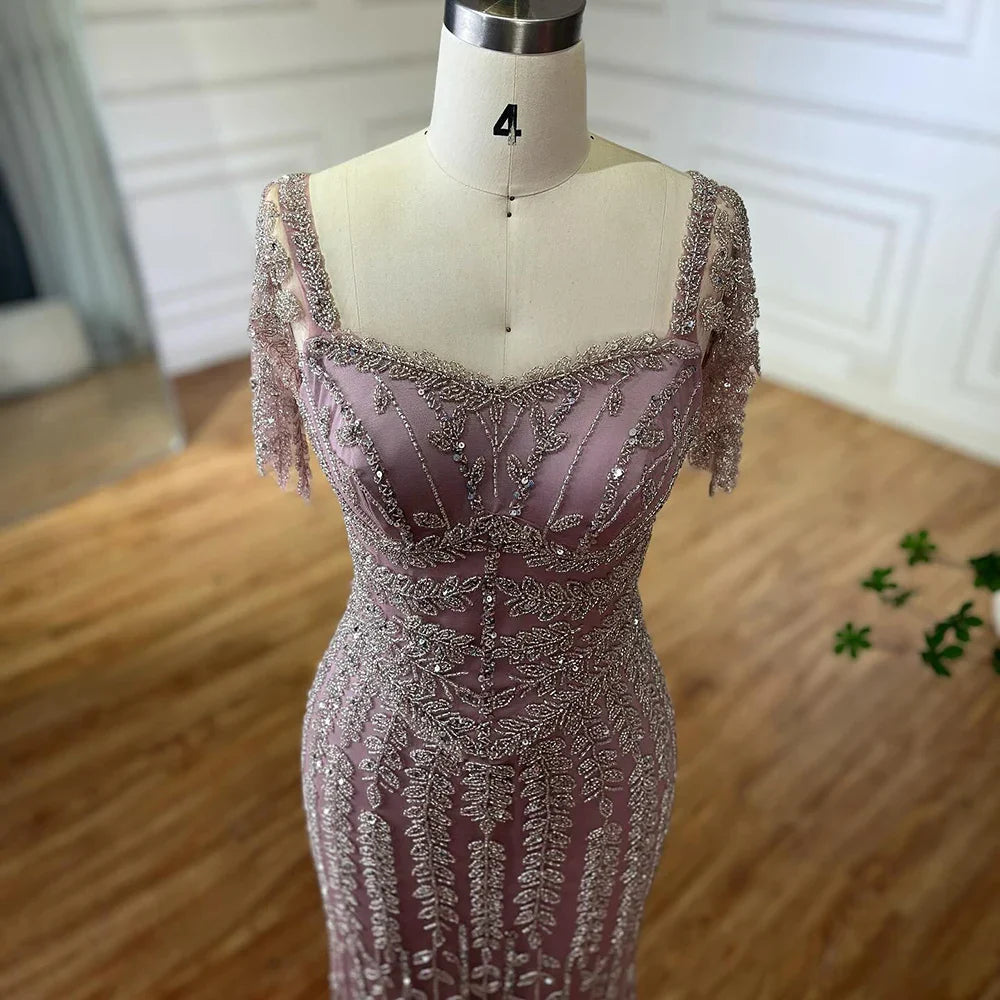 Vestido de noche elegante de sirena rosa con cuentas LA72787