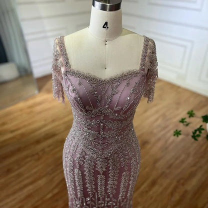 Vestido de noche elegante de sirena rosa con cuentas LA72787