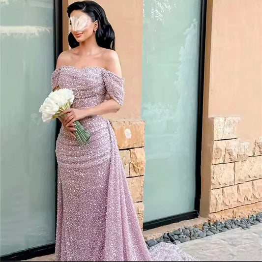 Vestido de noche árabe con cuentas, elegante, color rosa, estilo sirena saudí, para ocasiones formales, LA72204A, 2025 