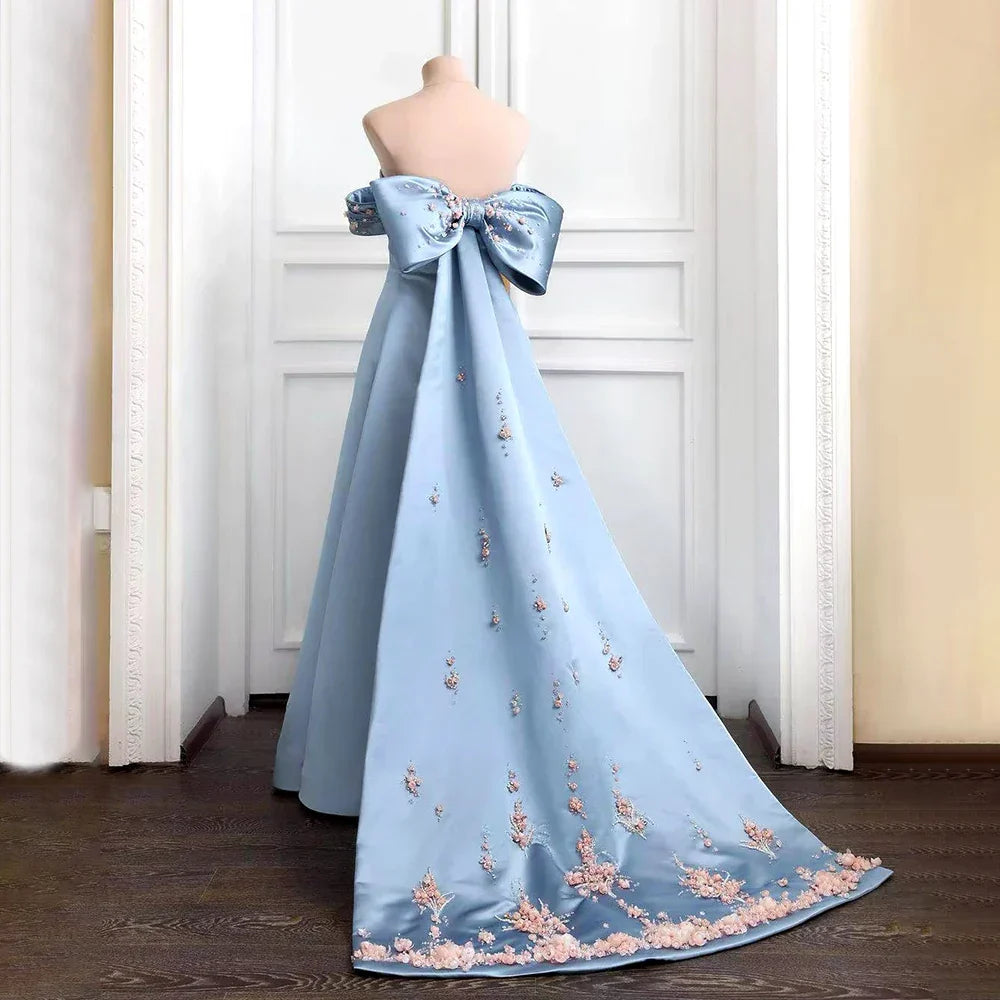 2025 Arabic Strapless Blue Beaded A-Line Saudi Evening Gown for Formal Occasion LA72792