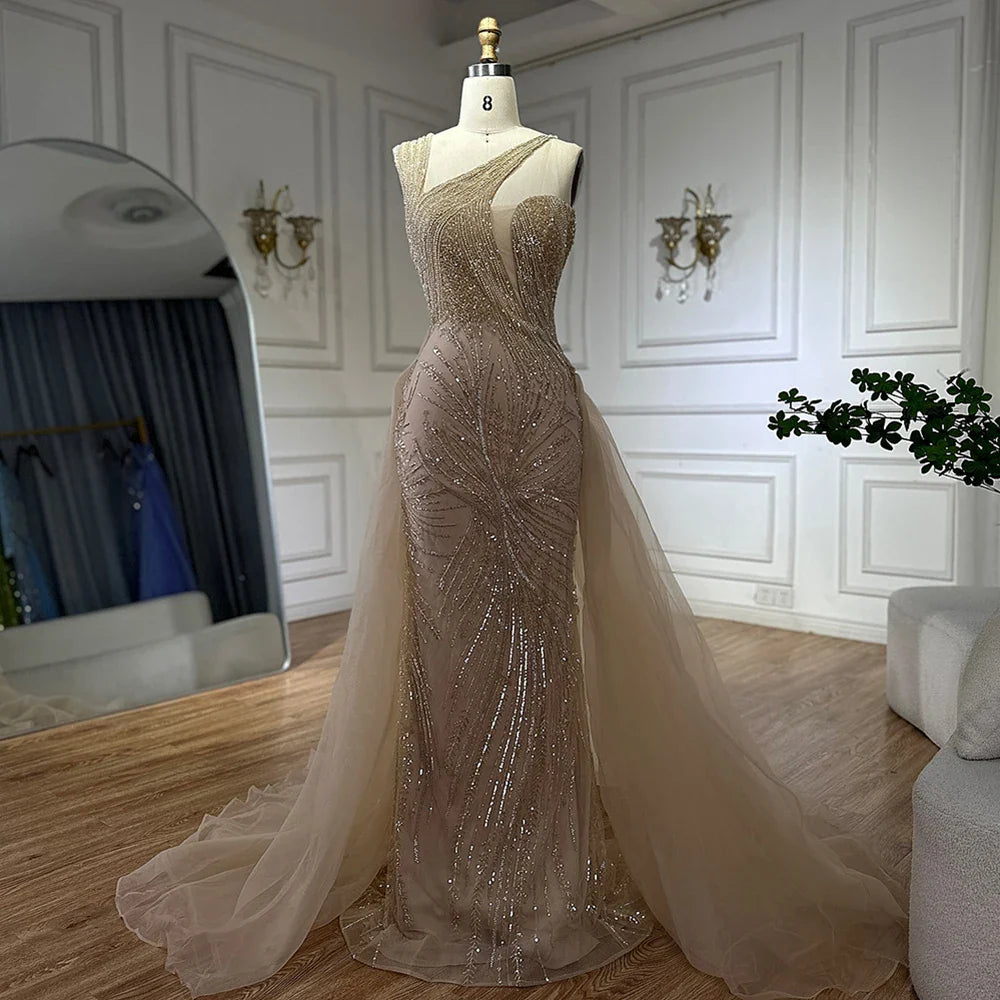 2025 Nude Mermaid Green Evening Gown with Elegant One Shoulder Overskirt for Formal Occasion LA72031A