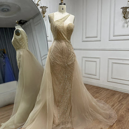 2025 Nude Mermaid Green Evening Gown with Elegant One Shoulder Overskirt for Formal Occasion LA72031A