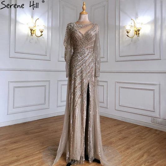 2025 Brown Luxury Mermaid Evening Dress Gown Beaded Elegant High Split For Formal Occasion LA70301L