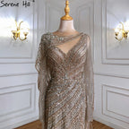 2025 Brown Luxury Mermaid Evening Dress Gown Beaded Elegant High Split For Formal Occasion LA70301L