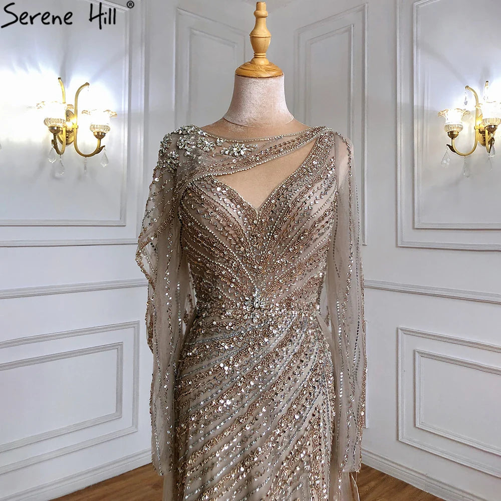 2025 Brown Luxury Mermaid Evening Dress Gown Beaded Elegant High Split For Formal Occasion LA70301L