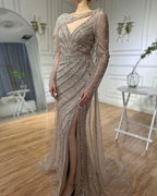 2025 Brown Luxury Mermaid Evening Dress Gown Beaded Elegant High Split For Formal Occasion LA70301L