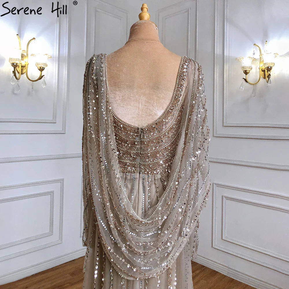 2025 Brown Luxury Mermaid Evening Dress Gown Beaded Elegant High Split For Formal Occasion LA70301L