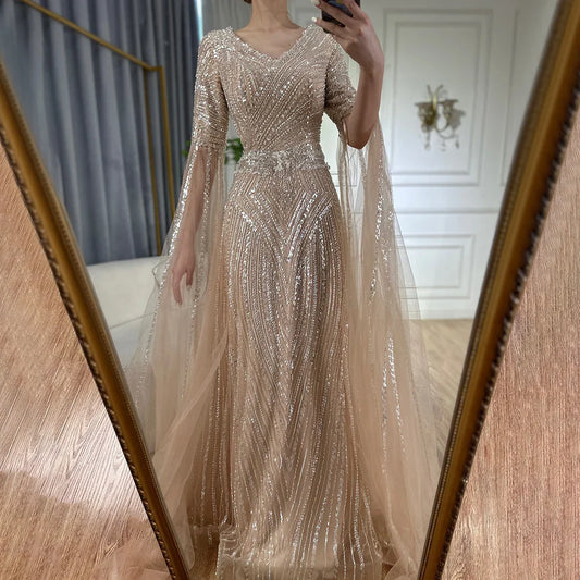 2025 Caramel A-Line Beaded Saudi Arabic Evening Dress with Cape Sleeves for Wedding Party LA72798