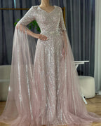 2025 Caramel A-Line Beaded Saudi Arabic Evening Dress with Cape Sleeves for Wedding Party LA72798