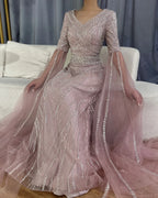 2025 Caramel A-Line Beaded Saudi Arabic Evening Dress with Cape Sleeves for Wedding Party LA72798