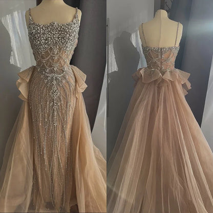 2025 Nude Saudi Beaded Spaghetti Strap Evening Dresses Gowns with Overskirt for Formal Occasion LA72810