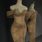 2025 Nude Saudi Arabic Beaded High Split Evening Dresses Gowns for Formal Occasion LA72807