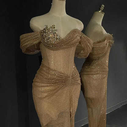 2025 Nude Saudi Arabic Beaded High Split Evening Dresses Gowns for Formal Occasion LA72807