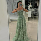 Salbeigrünes A-Linien-Abendkleid mit Spaghettiträgern und Perlenbesatz LA72805 