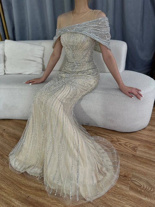 2025 Saudi-Arabisches Abendkleid im Meerjungfrau-Stil mit Perlen in Nude-Silber für formelle Anlässe LA72800 