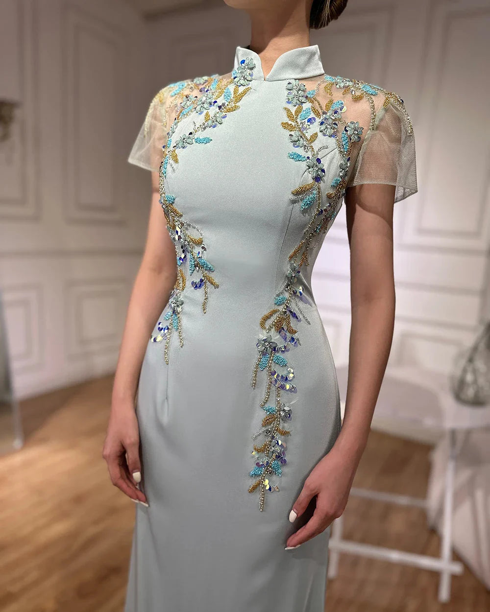 2025 Saudi Mint Mermaid Beaded Satin Evening Dress Gown with Corset for Formal Occasion LA72797