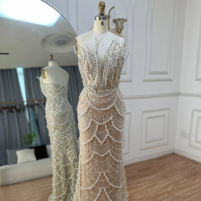 2025 Nude Saudi Pearls Beaded Strapless Mermaid Evening Dresses Gowns for Formal Occasion LA72816