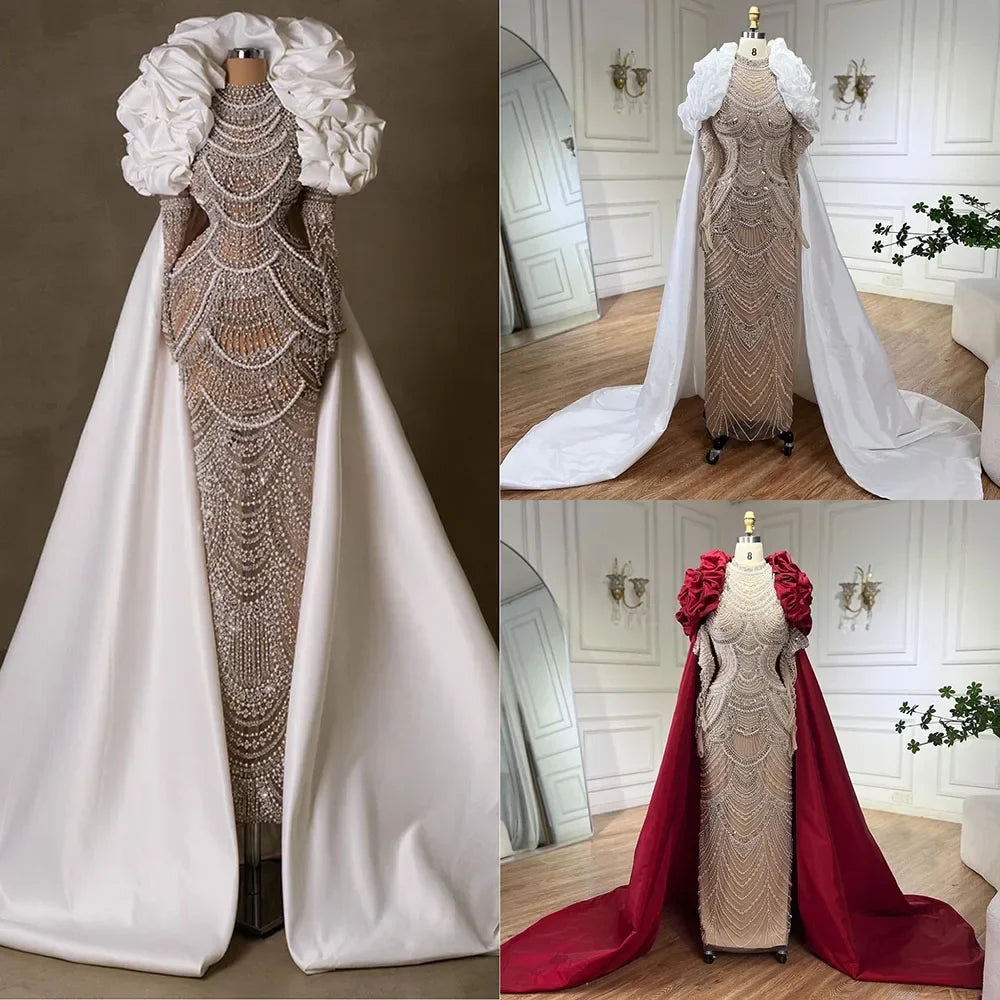 Arabia White Nude Pearls Beaded Mermaid Long Cloak Dubai Evening Dress for Formal Occasion LA72091C