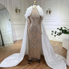 Arabia White Nude Pearls Beaded Mermaid Long Cloak Dubai Evening Dress for Formal Occasion LA72091C