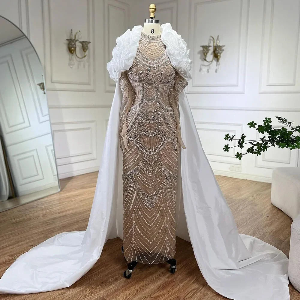 Arabia White Nude Pearls Beaded Mermaid Long Cloak Dubai Evening Dress for Formal Occasion LA72091C