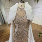 Arabia White Nude Pearls Beaded Mermaid Long Cloak Dubai Evening Dress for Formal Occasion LA72091C