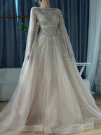 Arabic Caramel Saudi Evening Dresses with Cape Sleeves A-Line Beaded For Wedding Party 2025 LA72799