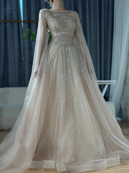 Vestidos de noche árabes saudíes color caramelo con mangas capa, corte A y cuentas para bodas 2025 LA72799 