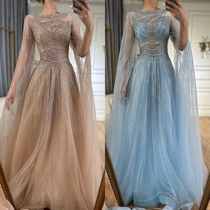 Vestidos de noche árabes saudíes color caramelo con mangas capa, corte A y cuentas para bodas 2025 LA72799 