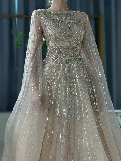 Vestidos de noche árabes saudíes color caramelo con mangas capa, corte A y cuentas para bodas 2025 LA72799 