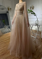Arabic Caramel Saudi Evening Dresses with Cape Sleeves A-Line Beaded For Wedding Party 2025 LA72799