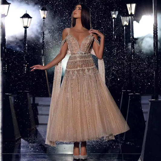 Arabisch Nude A-Linie Midi-Träger Perlen Abendkleider Kleider 2025 Für Frauen Hochzeit Party LA71911