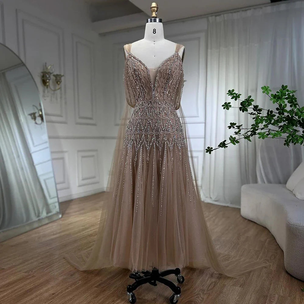 Vestidos de noche árabes nude, corte A, tirantes midi, con cuentas, para mujer, boda, fiesta, LA71911 