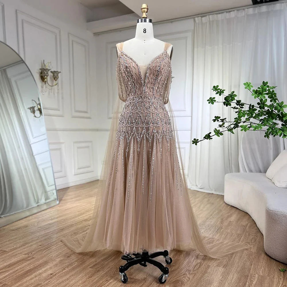 Vestidos de noche árabes nude, corte A, tirantes midi, con cuentas, para mujer, boda, fiesta, LA71911 
