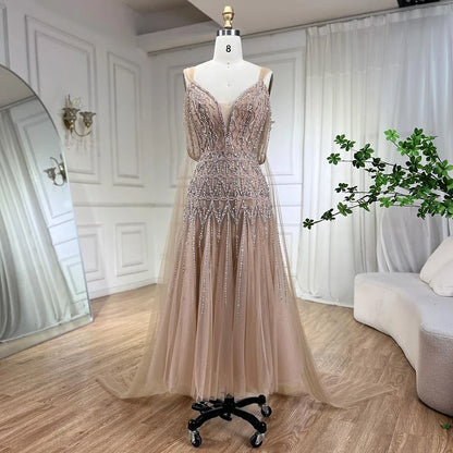 Vestidos de noche árabes nude, corte A, tirantes midi, con cuentas, para mujer, boda, fiesta, LA71911 