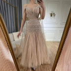 Vestidos de noche árabes nude, corte A, tirantes midi, con cuentas, para mujer, boda, fiesta, LA71911 