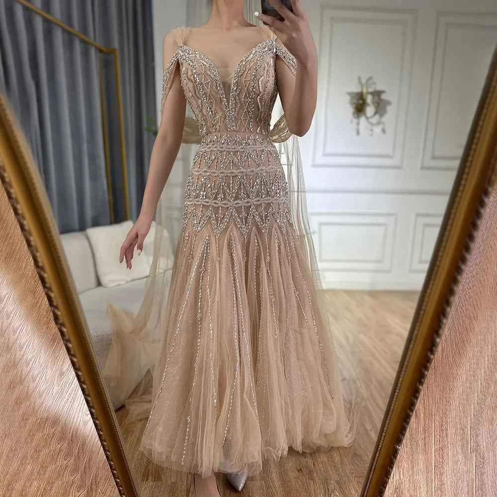 Arabic Nude A-Line Midi Straps Beaded Evening Dresses Gowns 2025 For Women Wedding Party LA71911