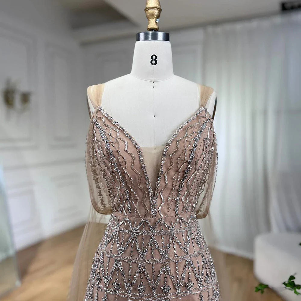 Arabic Nude A-Line Midi Straps Beaded Evening Dresses Gowns 2025 For Women Wedding Party LA71911