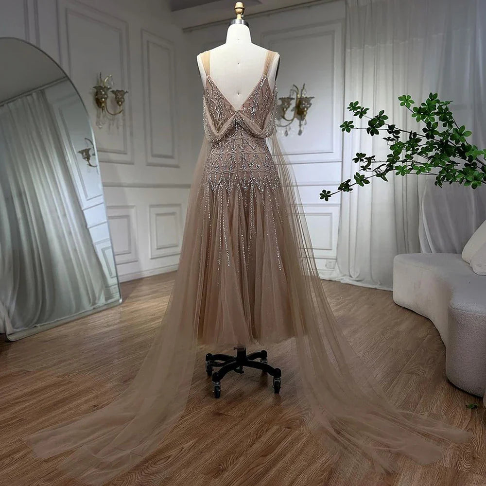 Arabic Nude A-Line Midi Straps Beaded Evening Dresses Gowns 2025 For Women Wedding Party LA71911