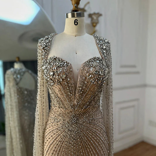 Vestidos de noche árabes color plata nude con mangas tipo capa y cuentas para mujer, para boda, fiesta, 2025, LA72575