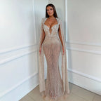 Vestidos de noche árabes color plata nude con mangas tipo capa y cuentas para mujer, para boda, fiesta, 2025, LA72575