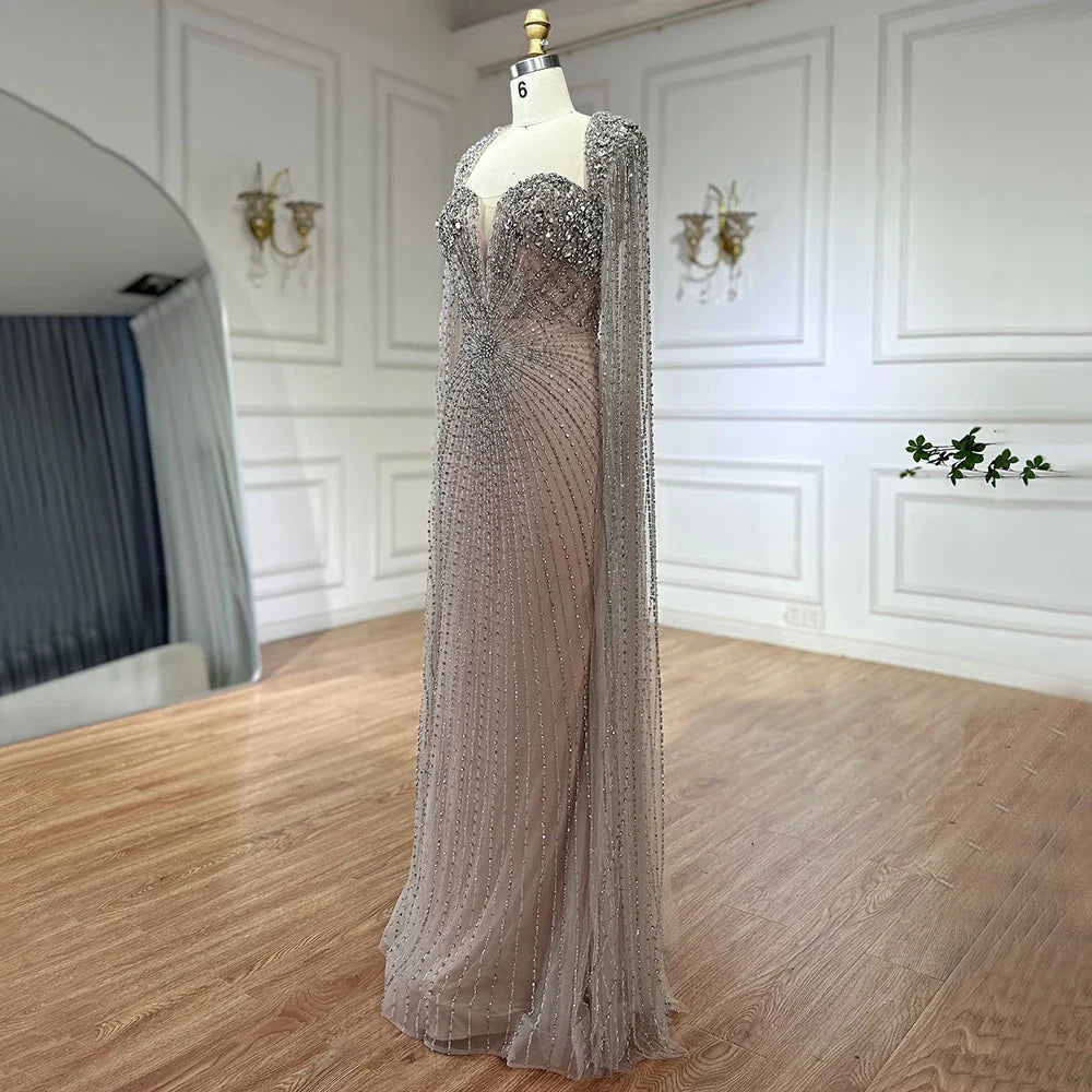 Vestidos de noche árabes color plata nude con mangas tipo capa y cuentas para mujer, para boda, fiesta, 2025, LA72575