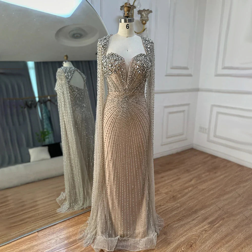 Vestidos de noche árabes color plata nude con mangas tipo capa y cuentas para mujer, para boda, fiesta, 2025, LA72575