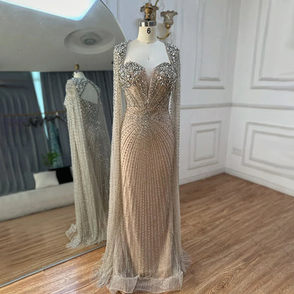 Vestidos de noche árabes color plata nude con mangas tipo capa y cuentas para mujer, para boda, fiesta, 2025, LA72575
