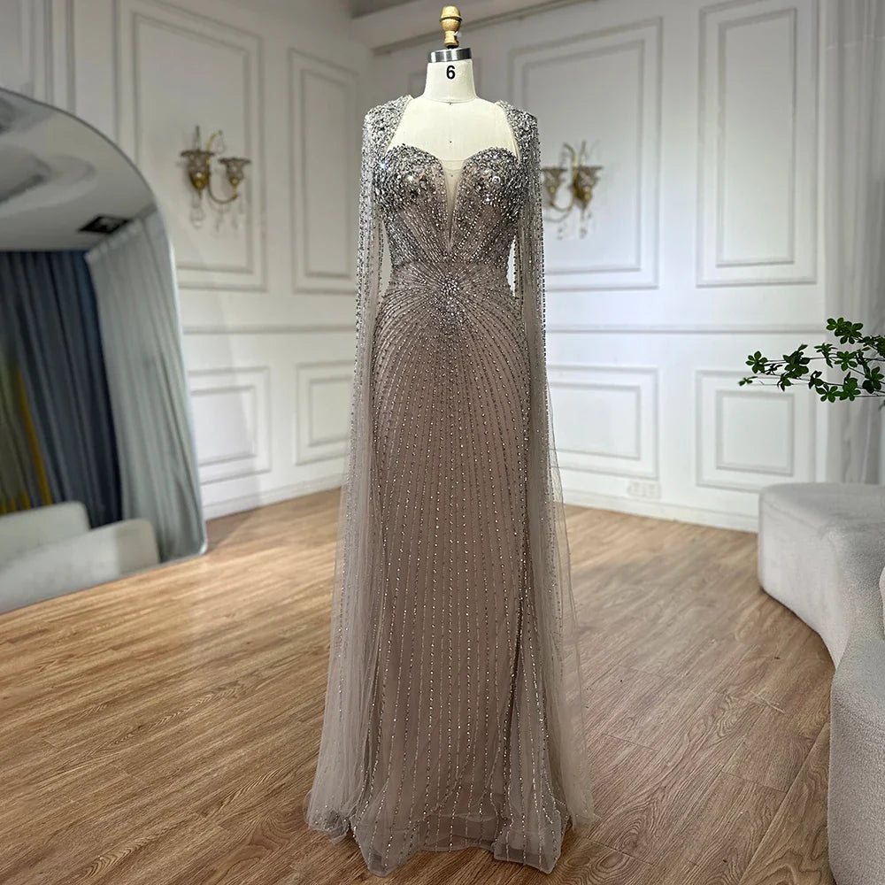 Vestidos de noche árabes color plata nude con mangas tipo capa y cuentas para mujer, para boda, fiesta, 2025, LA72575
