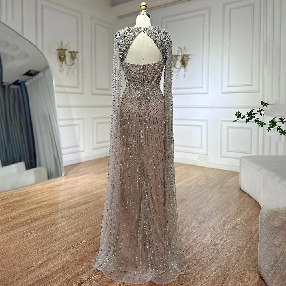 Vestidos de noche árabes color plata nude con mangas tipo capa y cuentas para mujer, para boda, fiesta, 2025, LA72575