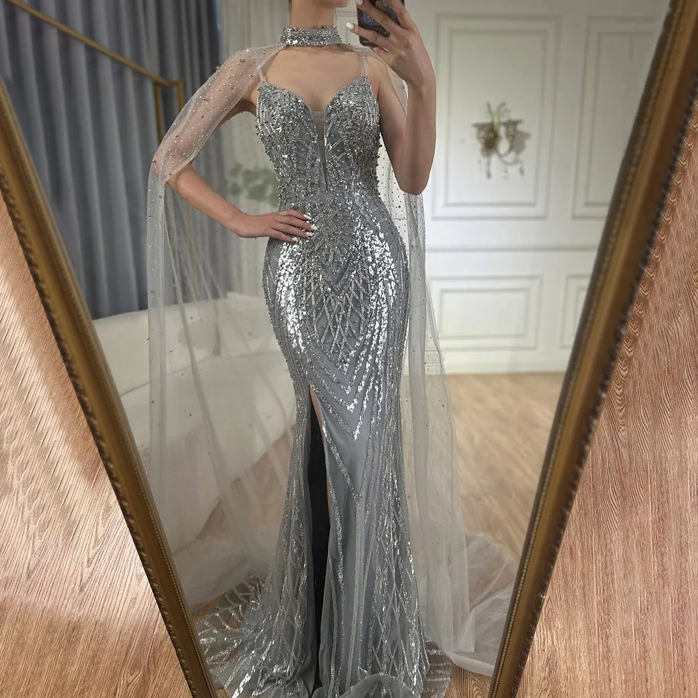 Schwarzes, hautfarbenes Abendkleid mit Spaghettiträgern und langem Umhang für formelle Anlässe 2025 LA72795 