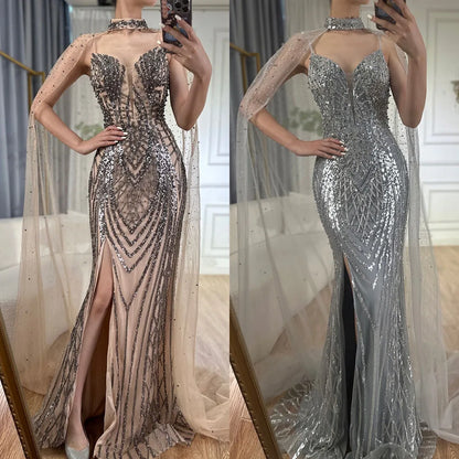 Schwarzes, hautfarbenes Abendkleid mit Spaghettiträgern und langem Umhang für formelle Anlässe 2025 LA72795 