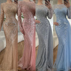 Vestido de noche árabe largo de sirena con cuentas color caramelo y sobrefalda para ocasiones formales 2025 LA71673A 