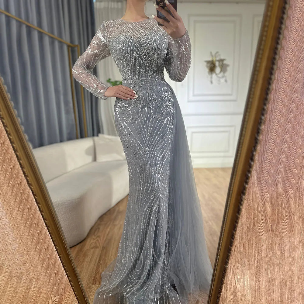 Vestido de noche árabe largo de sirena con cuentas color caramelo y sobrefalda para ocasiones formales 2025 LA71673A 