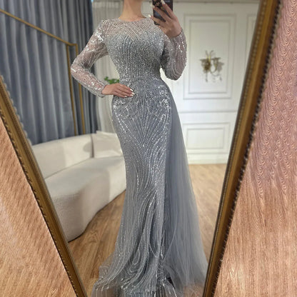 Vestido de noche árabe largo de sirena con cuentas color caramelo y sobrefalda para ocasiones formales 2025 LA71673A 